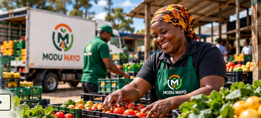 Illustrative scene of a female trader handling fresh vegetables, with a colleague and distribution truck behind her