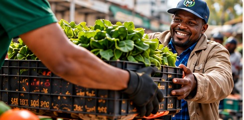 Illustrative trader receiving a crate of vegetables
