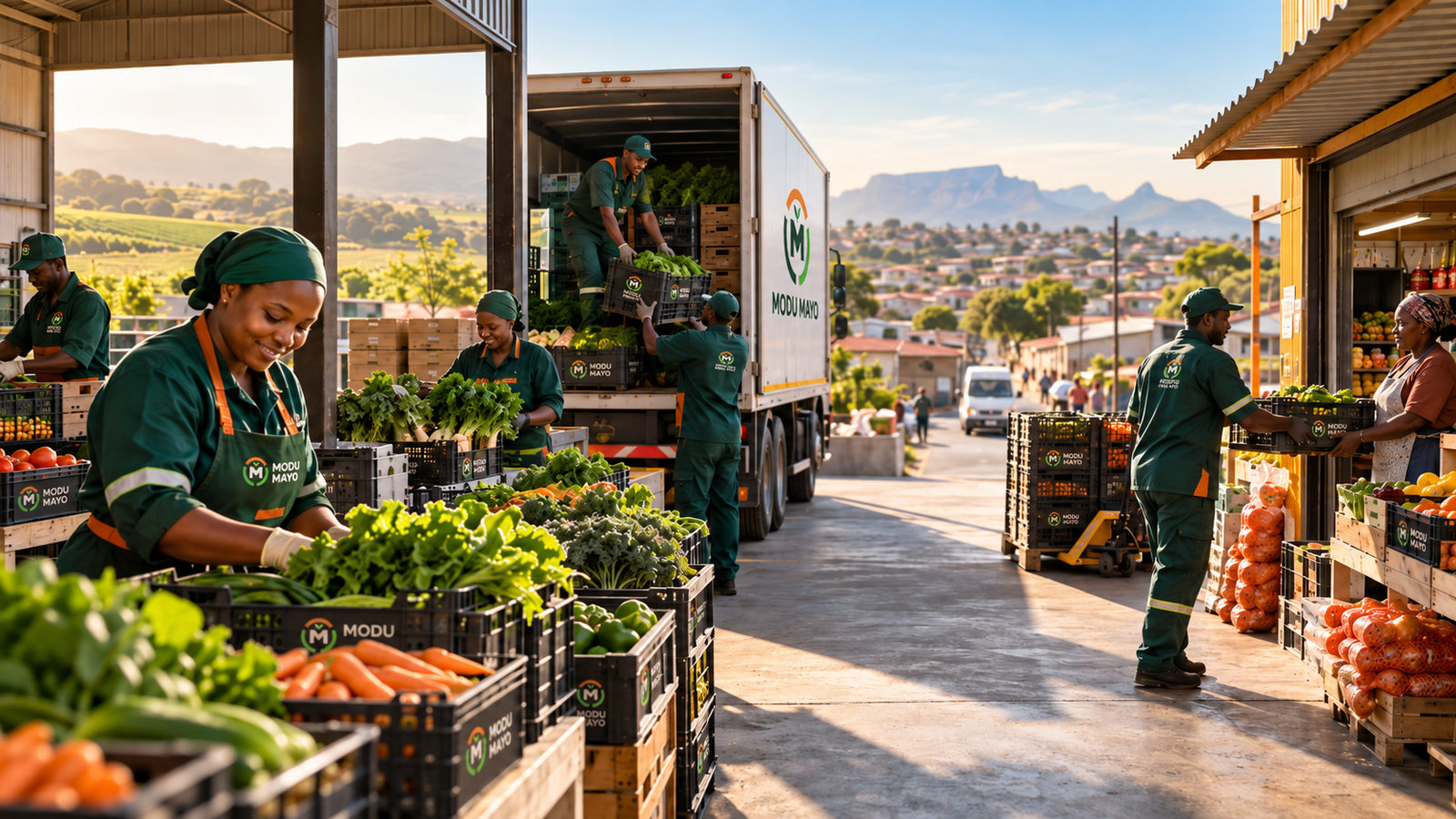 Illustrative fresh produce packing, truck loading and delivery to a township trader